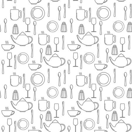 Seamless pattern with plates, knives, spoons, wineglasses, mugs, cups and salt pots.のイラスト素材
