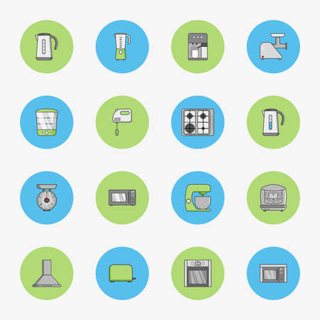 Set of flat round icons for kitchen equipment such as kettle, oven, microwave, blender, mixer, steamer, coffee machine, scales, meat grinderのイラスト素材