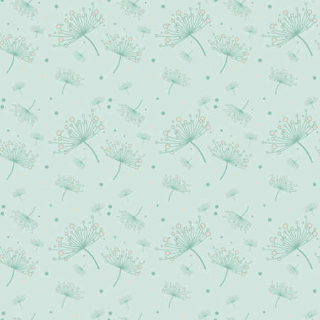 Simple seamless pattern with dandelions in mint and light pink color. Floral seamless background for dress, manufacturing, wallpapers, prints, gift wrap and scrapbook.のイラスト素材