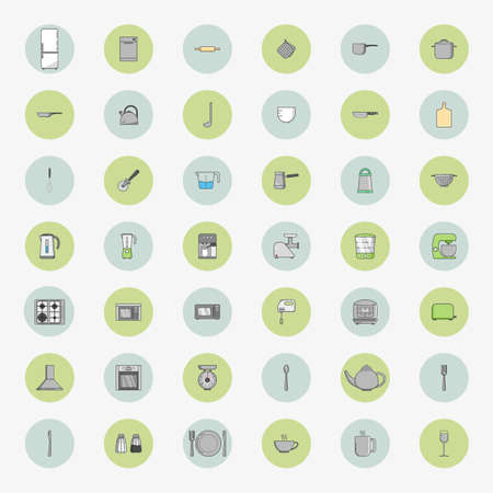 Big set of fourty two round icons of kitchen appliances in flat style. Vector illustration.のイラスト素材