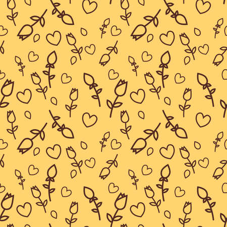 Seamless vector pattern with silhouettes of tulips and leaves on yellow background. Floral seamless background for dress, manufacturing, wallpapers, prints, gift wrap and scrapbook.のイラスト素材