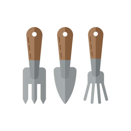 Set of three garden tools rake, shovel and hoe. Flat style on white background. Vector illustration.のイラスト素材