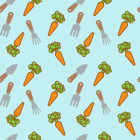 Seamless vector pattern with garden tools and carrots on light blue background.