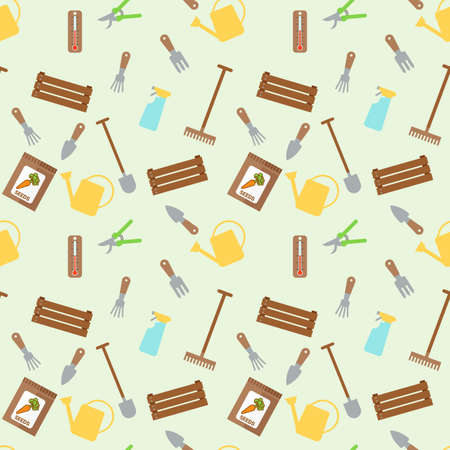 Seamless pattern with watering cans and tools for work in garden. Vector illustration.のイラスト素材