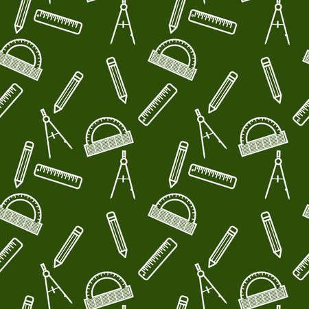 Seamless pattern with white line art icon of ruler, compasses, pencil and angle ruler on blackboard color background. Vector illustration. Background for dress, manufacturing, wallpapers, prints, gift wrap and scrapbook. Back to schoolのイラスト素材