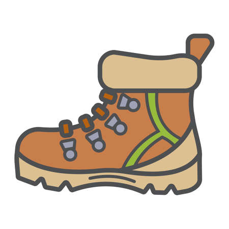 Tourists boots for comfort travel and hiking in modern flat style with outline. Attribute of traveller and tourist. Forest equipment for time and navigation. Vector illustration