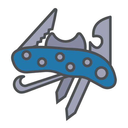 Swiss knife for tourism in modern flat style with outline. Attribute of traveller and tourist. Forest equipment for time and navigation. Vector illustration. Multitoolのイラスト素材