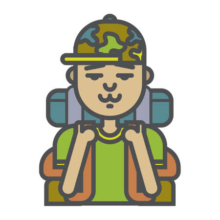 Tourist man icon. Nature outdoorman and sightseer. On vacation, hiking, trekking and camping Tourism and travel icon.のイラスト素材