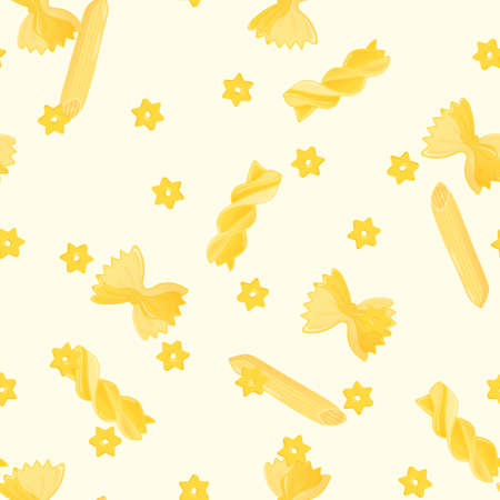 Seamless pattern with yellow farfalle rigatte and other macaroni on light background. Italian macaroni. Traditional cuisineのイラスト素材