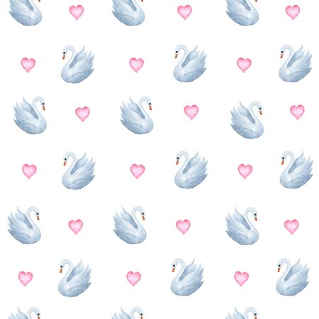 illustration watercolor seamless simple pattern of swans and pink hearts on a white background. for design, for cards, banners, paperの写真素材