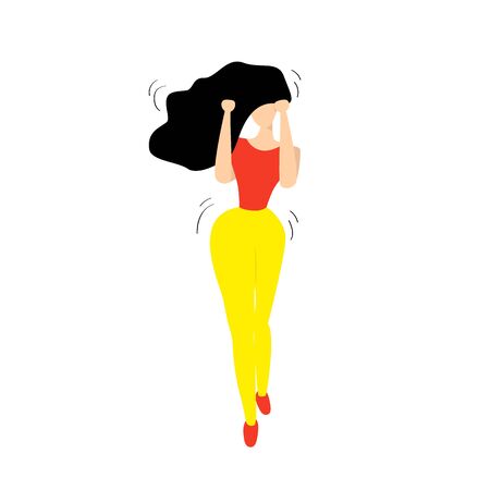 A girl with black hair dances in a red T-shirt and yellow pants . hands up. Vector graphicsのイラスト素材