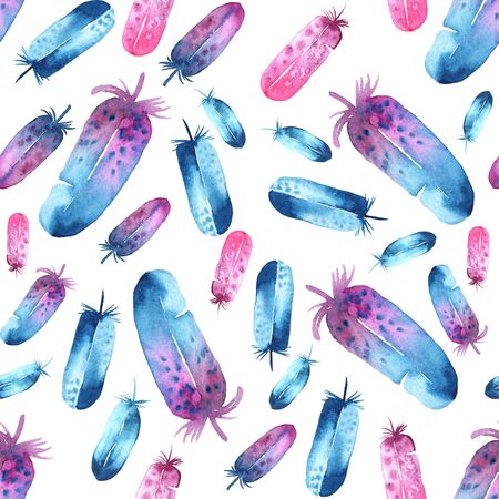 watercolor feathers seamless pattern. Colorful feathers with watercolor texture pattern. Multi-colored feathers on a simple backgroundの写真素材
