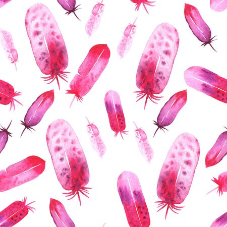 Watercolor feathers seamless pattern. Colorful feathers with watercolor texture pattern. pink feathers on a simple white backgroundの写真素材