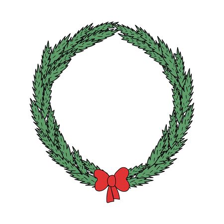 illustration of a simple round wreath of fir branches and a red bow. for design, space for text. Vector graphicsのイラスト素材