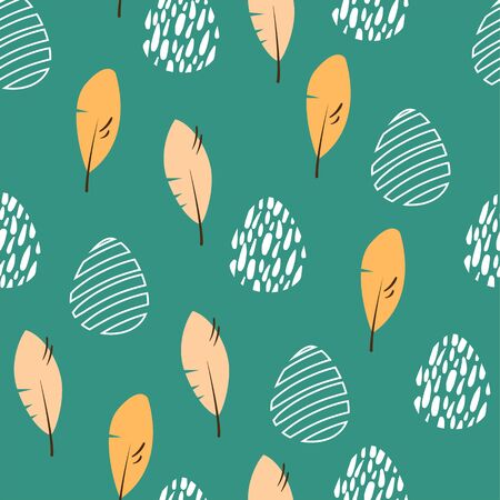 illustration seamless pattern of contour white eggs and orange brown feathers on a green emerald background. for the holiday of Easter. for design, paper, fabric, cardsのイラスト素材