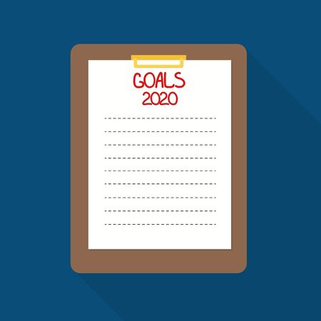 illustration of the goal for 2020. a sheet of paper on a brown tablet with lines under your text on a blue background in flat style. for design, blogs, banners, etc.のイラスト素材