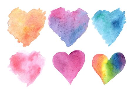Watercolor illustration set of hearts orange blue pink purple rainbow on a white background. for the holiday Valentine's Day. for design, cards, invitations.の写真素材