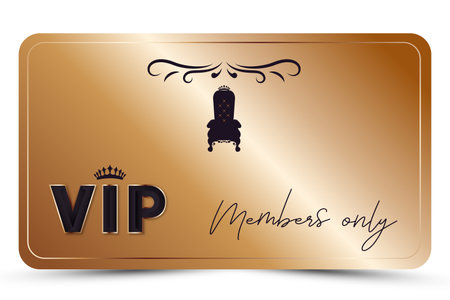 Gold elegant vip card. Modern business card for members only with 3d text, crown, silhouette of vintage throne. Luxury background. Vector illustration for loyalty, bonus card, giftのイラスト素材