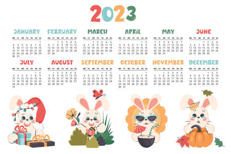 Calendar 2023. Horizontal planner with cute bunny in different seasons.  Cartoon character rabbit  as symbol of new year. Week starts on Monday. Vector flat illustrationのイラスト素材