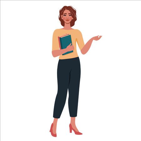 School teacher isolated on white background. Beautiful smiling, young woman holding book. Confident girl, office worker, college student. Female character teaching lesson. Education, business concept. Vector cartoon illustrationのイラスト素材