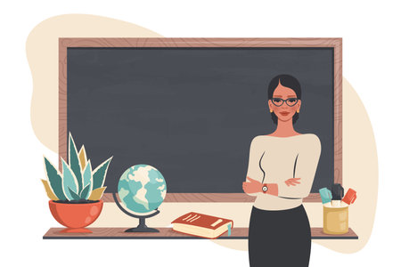 Female young school teacher teaching lesson in classroom. Smiling woman standing beside blackboard, explaining material.  Education concept. Teacher's Day. Vector illustrationのイラスト素材