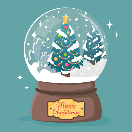 Christmas globe isolated on blue background. Snow glass ball with Christmas tree, toys, snowflakes inside. Cute winter cozy design for greeting card, Xmas holidays. Vector cartoon flat illustrationのイラスト素材
