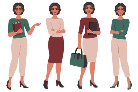 Set of Ñonfident beautiful young women in different poses. School or college teacher, office worker, businesswoman. Female flat character. Ð¢eacher's day. Education concept. Vector illustrationのイラスト素材