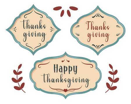Collection of different vintage frames with lettering isolated. Set of thanksgiving greeting text. Thanksgiving background. Invitation card design. Vector cartoon illustration for banner, poster, cardのイラスト素材