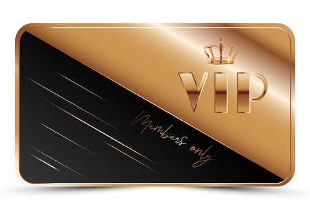 Black elegant vip card template. Modern business card for members only with golden 3d text, crown. Luxury abstract invitation. Vector illustration for loyalty, bonus card, gift certificateのイラスト素材