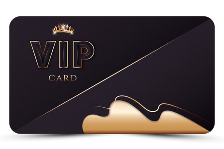 Dark elegant vip card template. Modern business card for members only with 3d text, crown, gold abstract shapes, lines. Luxury background. Vector illustration for loyalty, bonus card, gift certificateのイラスト素材
