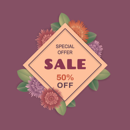 Autumn sale background with beautiful floral. Frame, flower, foliage for banner, flyer, promotion poster, invitation, advertising template. Special offer concept. Vector illustrationのイラスト素材