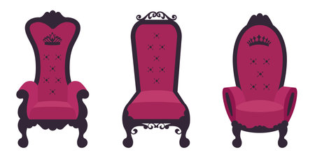 Set of vintage throne chairs. Collection of king armchairs isolated. Throne icon for decoration business card, vip card template. Vector flat illustrationのイラスト素材