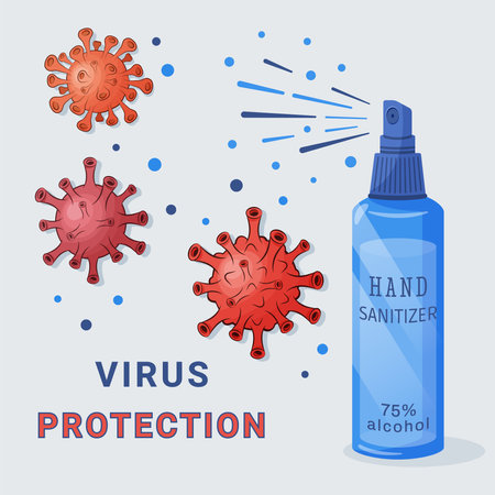 Alcohol  hygienic spray,  liquid antiseptic for hands and surfaces. Sanitizer to protect against germs, bacteria and viruses. Skin care. Vector illustration for medical design.のイラスト素材
