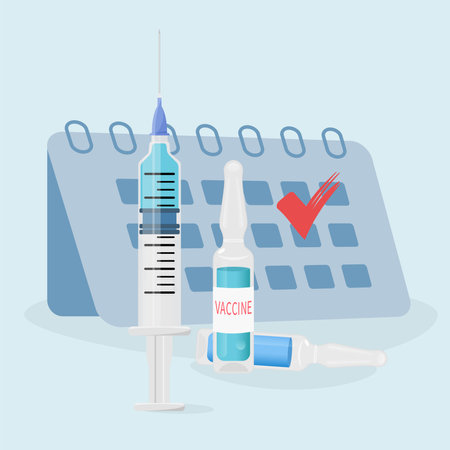 Time to vaccinate. Syringe with vaccine, vaccine bottle, antiviral vaccine in ampoules and calendar. Vaccination and immuvization concept. Medical treatment and protection   Vector flat illustration.
のイラスト素材