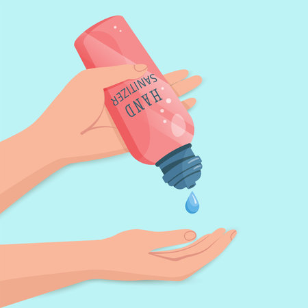 Alcohol  hygienic gel,  liquid antiseptic soap for hands. Sanitizer to protect against germs, bacteria and viruses. Skin care. Antibacterial formula.Vector illustration for medical design.のイラスト素材