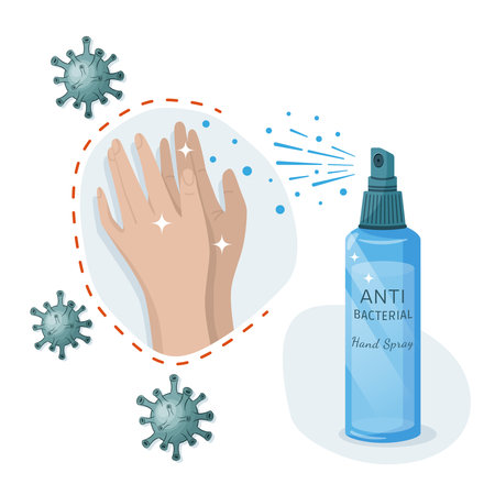 Alcohol  hygienic spray,  liquid antiseptic for hands. Sanitizer to protect against germs, bacteria and viruses. Skin care. Antibacterial formula.Vector illustration for medical design.のイラスト素材