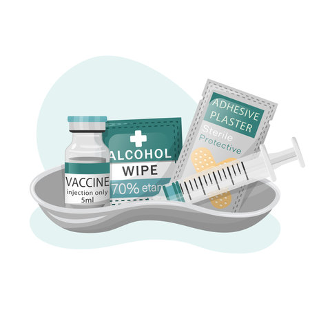 Vaccination medical kit. Vaccination and immuvization concept. Syringe, vaccine bottle or antiviral vaccine in ampoules, alcohol medical napkin for disinfection, sterile adhesive, medical bowlle. Vector flat illustration.のイラスト素材