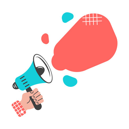 Megaphon. Human hand holding loudspeaker. Template for announcement, advertising, business. Concept of important message. Vector illustration.のイラスト素材