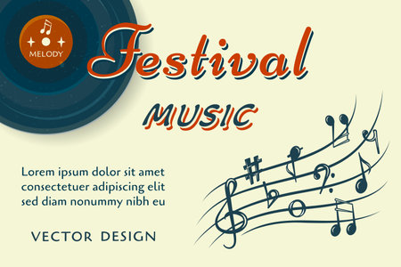 Music festival banner. Classic music background with notes, music plates and lettering for flyer, poster, concert, party design. Vector illustration.vのイラスト素材
