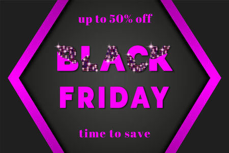Black friday sale. Black friday banner. Discount offer price sign. Friday sale. Pink bright glowing text on black background. Vectorのイラスト素材