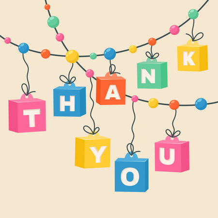 Colorful thank you in Cartoon style. Thank you lettering on boxes. Colored cubes, bubbles, lights. Cool lettering for greeting card, banner, web. Vector illustration.のイラスト素材