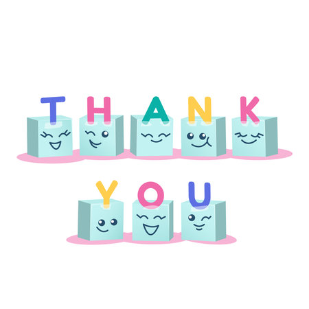 Colorful thank you in Cartoon style. Thank you lettering on gift boxes. Cute faces full of gratitude.  Greeting card for banner, card, web.  Vector illustration.のイラスト素材