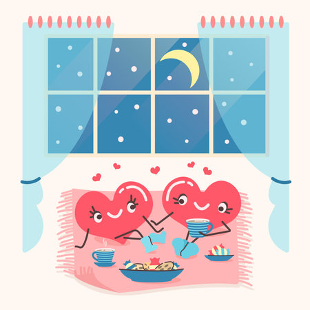 Two cute hearts are sitting on the carpet and drinking tea with sweets and cookies. Homemade romantic time concept. Couple in love. Home decor. Vector illustration in cartoon styleのイラスト素材