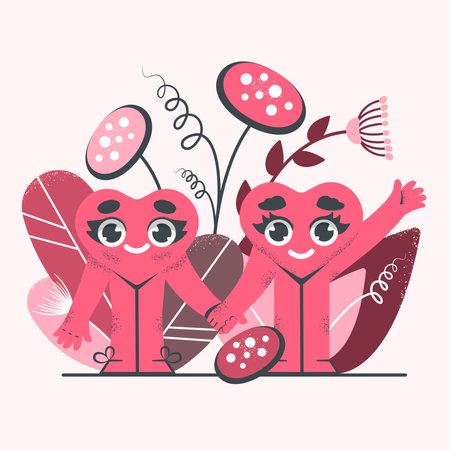 Cute hearts holding hands on a floral background. Smiling, funny characters with flowers and plants. Loving couple. Romantic design for Valentines Day, holidays, postcards. Cartoon Vector illustrationのイラスト素材