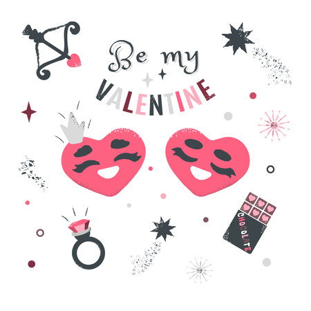 Valentines day card. Two happy smiling hearts in Cartoon style. Cute Characters, Elements about love and lettering. Trendy design for cards, invitations, wedding greetings. Vector illustrationのイラスト素材