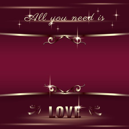 Valentine's Day background. Glowing gold frame text with light. Luxury vintage elegant template for a greeting card, romantic design. Vector illustration in realistic style.のイラスト素材