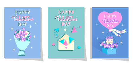 Happy Valentine's day card. Set of Vector illustration in cartoon flat style. Design for invitation, Postcard, Greeting card, flyer. Celebration concept.のイラスト素材