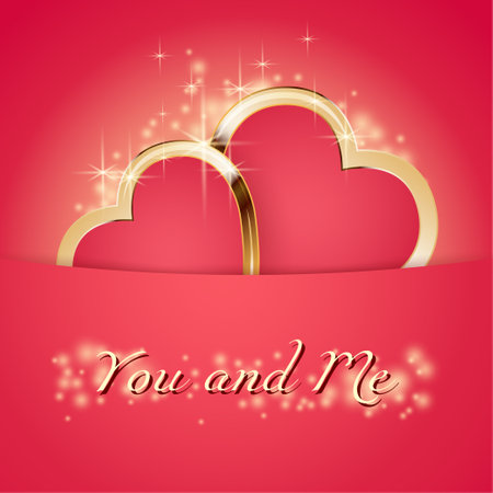 Valentine's Day greeting card. Two glowing  hearts in a gold frame. Heart-shaped jewelry with golden romantic text. Vector illustration in realistic style.のイラスト素材