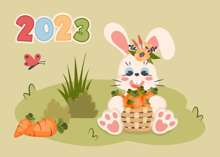 Calendar 2023 cover. Horizontal planner with happy cute bunny. Cartoon rabbit character holding basket of carrots.  Vector flat illustrationのイラスト素材