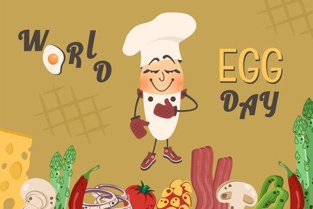 World egg day. Cute funny egg with cartoon comic vegetables, bacon, chees, mushrooms. Vector illustration with cartoon characters for poster, menu, cafe, restaurant, snack bar, card,  holiday bannerのイラスト素材
